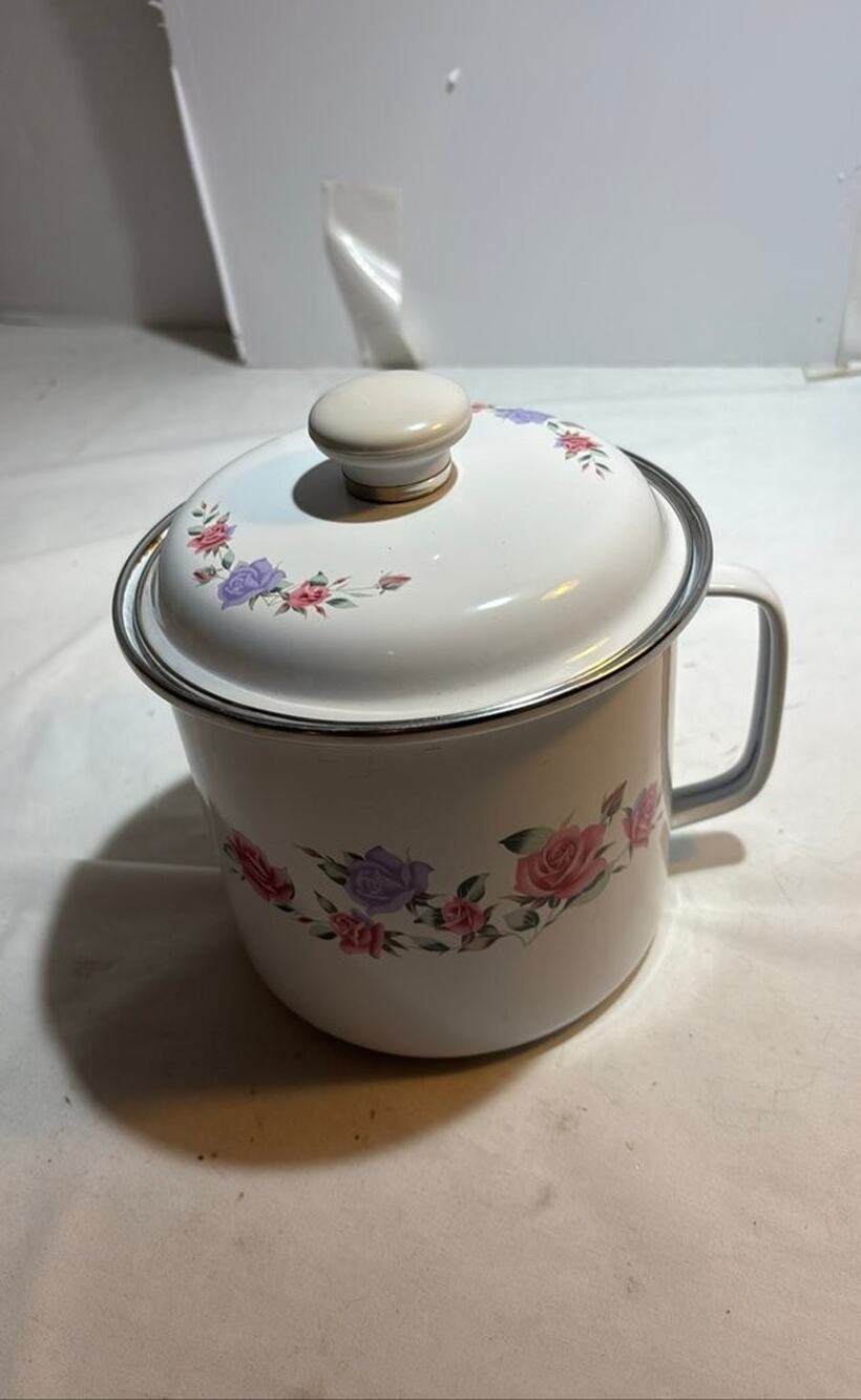 Vintage GMI Enamel Floral Cooking Pot with Lid